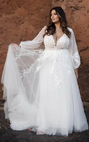 Floral Plus Size Sweep Train A-Line Long Sleeves Plunging Wedding Dress with and Appliques