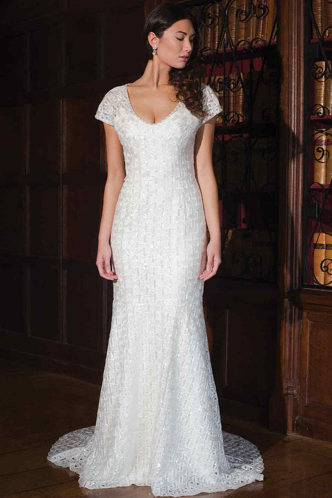 Sheath T-Shirt-Sleeve V-Neck Lace Wedding Dress With Beading And Keyhole-MK_703018 Sheath T-Shirt-Sleeve V-Neck Lace Wedding Dress With Beading And Keyhole-MK_703018