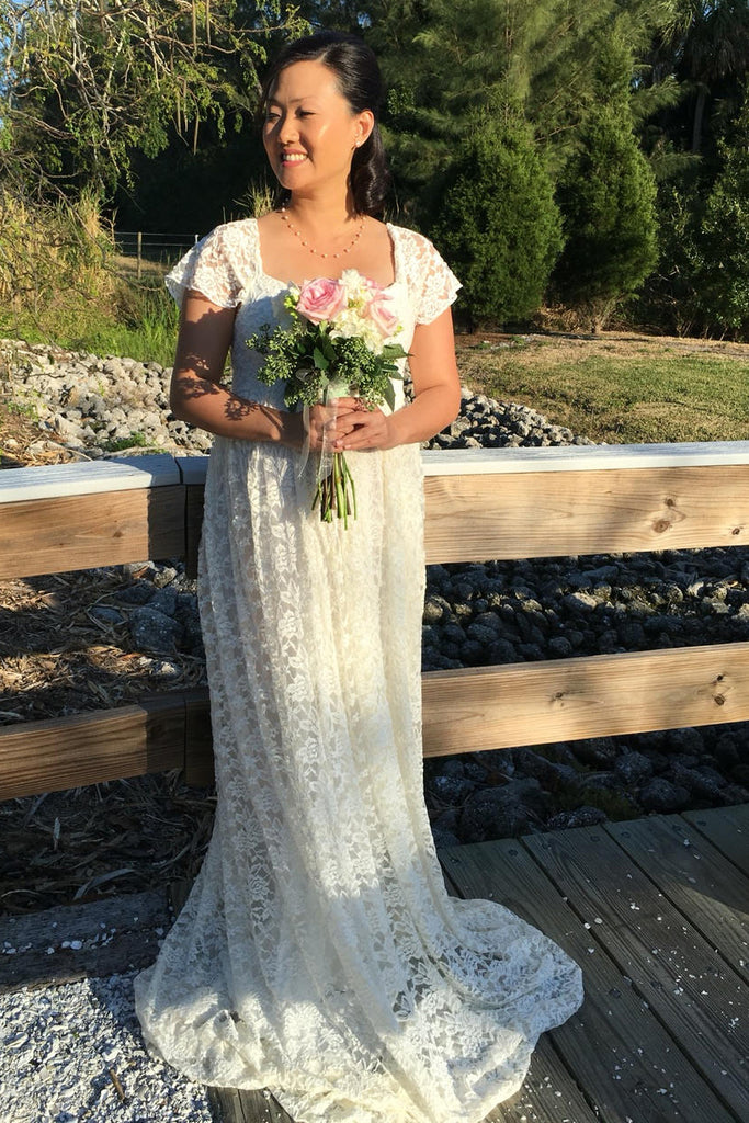 Country Queen Anne Short Sleeve Lace Pleated Maternity Wedding Dress-7 DorrisDress Country Queen Anne Short Sleeve Lace Pleated Maternity Wedding Dress-7 DorrisDress