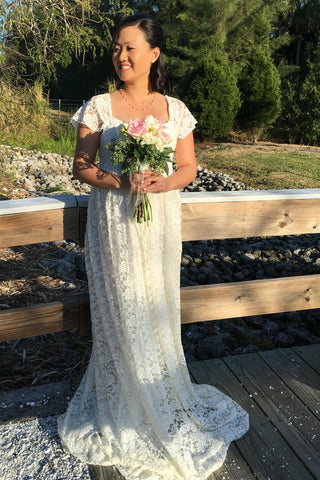 Country Queen Anne Short Sleeve Lace Pleated Maternity Wedding Dress