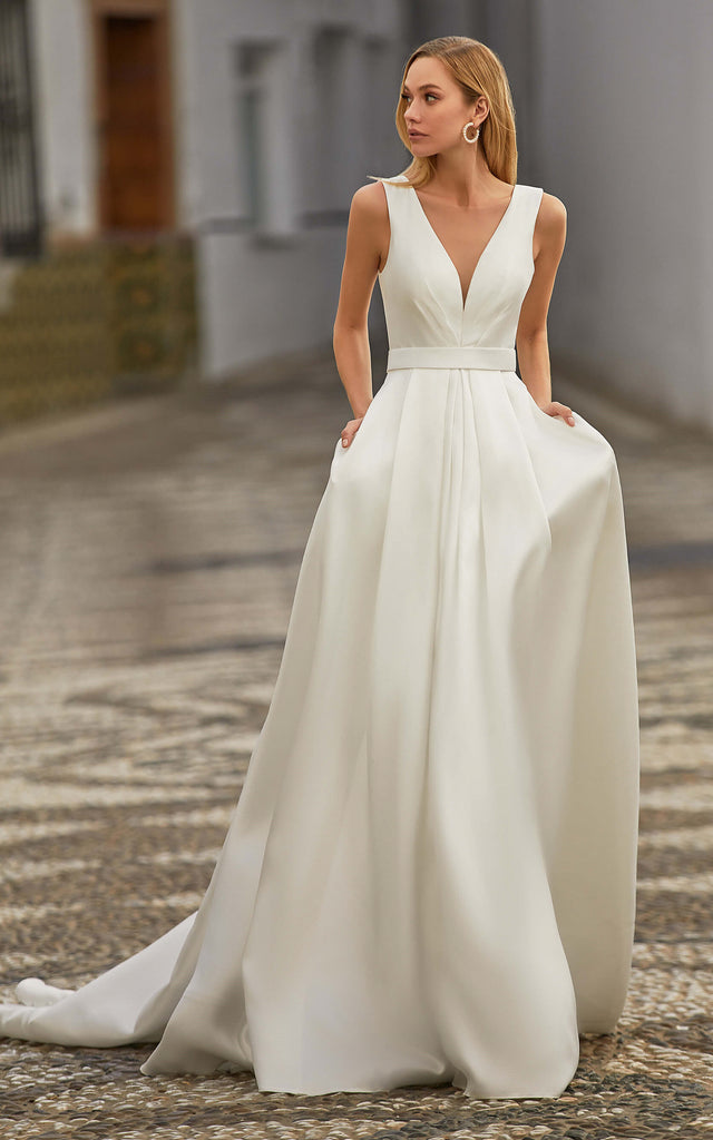 casual court wedding dress Casual A Line V-neck Satin Court Train Wedding Dress with Pockets-7161 – DorrisDress
