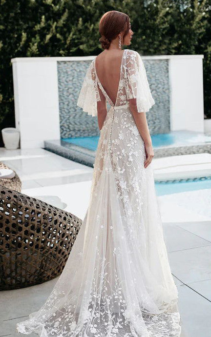 2024 A-Line Tulle Half Sleeve Wedding Dress Country Garden Floor-length Sweep Train V-neck Casual Bohemian Elegant-716821 2024 A-Line Tulle Half Sleeve Wedding Dress Country Garden Floor-length Sweep Train V-neck Casual Bohemian Elegant-716821