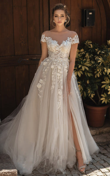 Modern Tulle Off-the-shoulder Short Sleeve Appliques Wedding Dress With Button