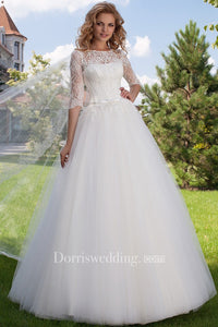 Ball Gown Jewel Neck Appliqued Half Sleeve Tulle Wedding Dress