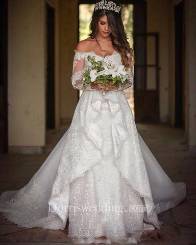 Off Shoulder Long Sleeves Backless Lace Wedding Bridal Gown