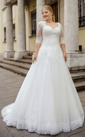 Simple Ball Gown Floor-length Half Sleeve Lace Queen Anne Wedding Dress with Appliques