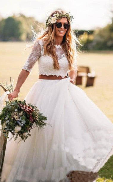 Lace Tulle Floor-length Court Train Two Piece Half Sleeve Sexy Wedding –  DorrisDress