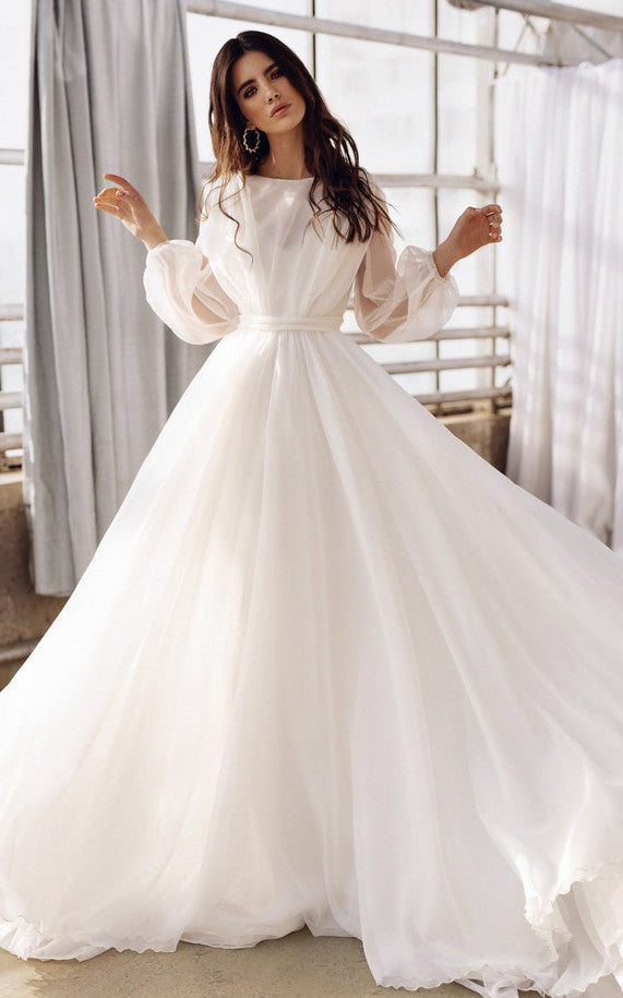 Bohemian Bateau A Line Floor-length Sweep Train Long Sleeve Wedding Dr – DorrisDress