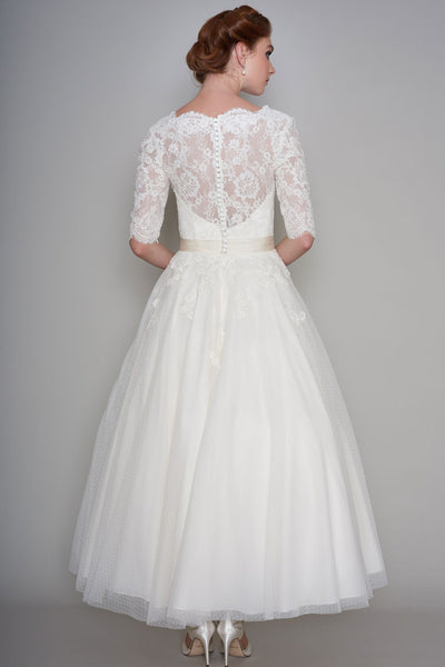 Simple Lace and Organza Half Sleeve Ankle Length Bridal Gown with applique
