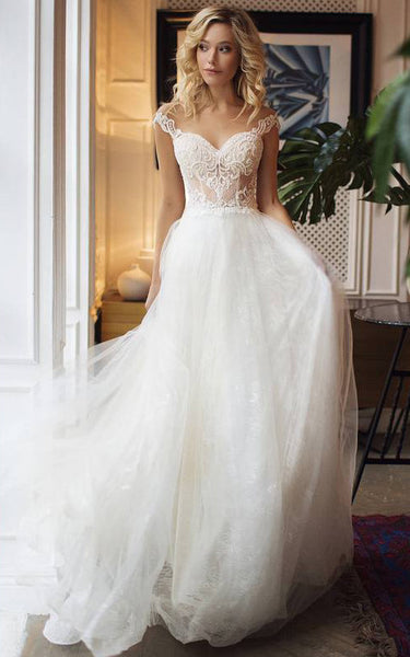 Lace Tulle Floor-length Brush Train A Line Sleeveless Casual Wedding Dress