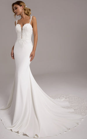 Casual Mermaid Plunging Neck Satin Court Train Wedding Dress with Appliques