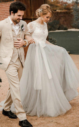 Bohemian Tulle A-Line Jewel Neckline Wedding Dress With Keyhole Back And Appliques
