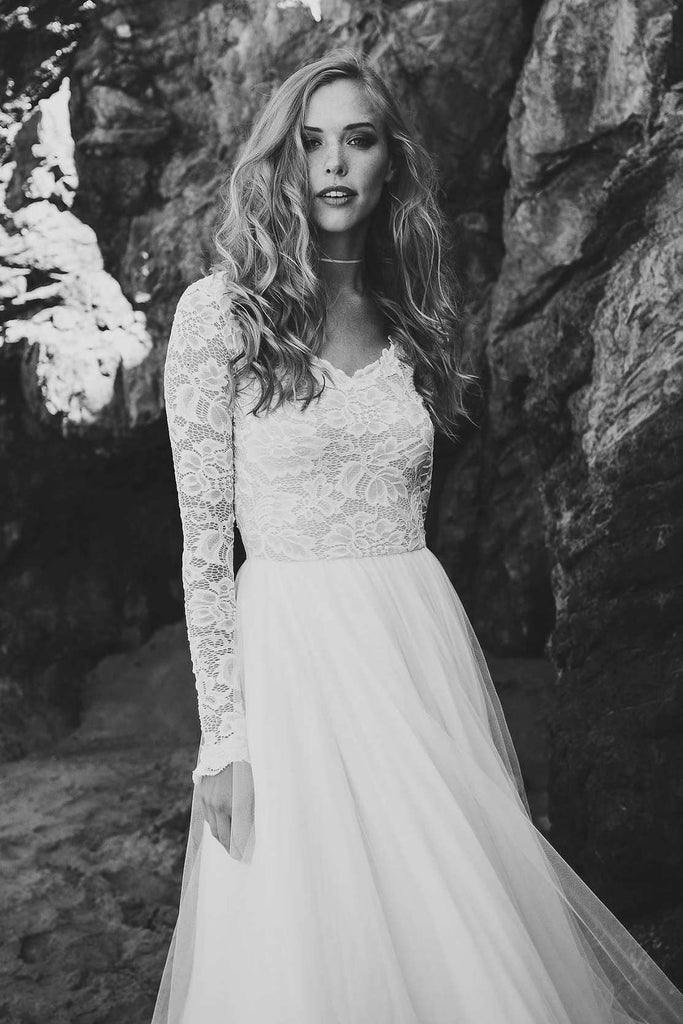 Long Sleeve Chiffon Tulle Lace Wedding Dress-715284 – DorrisDress