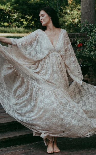 A-Line Plunging Neckline Lace Wedding Dress Beach Simple Casual Sexy Bohemian Summer With Open Back And Bat 3/4 Length Sleeves