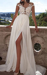 Jersey A-Line V-neck Wedding Dress Simple Romantic Casual Elegant Adorable Beach With And Illusion Short Sleeves And Appliques