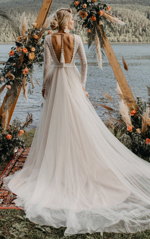 Casual A-Line Tulle Wedding Dress With Illusion Long Sleeves And Open Back-716437 Casual A-Line Tulle Wedding Dress With Illusion Long Sleeves And Open Back-716437