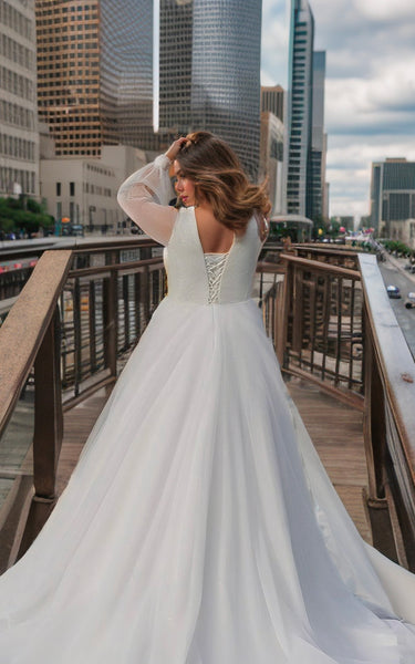 Elegant Minimalist Plus Size Long Sleeves Wedding Dress Modest Casual A-Line V-Neck Tulle Bridal Gown