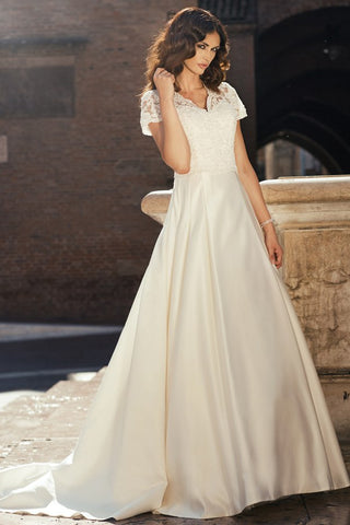 A-Line Short-Sleeve V-Neck Floor-Length Satin&Lace Wedding Dress