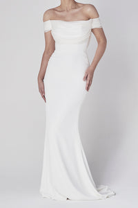 Off-the-shoulder Sheath Elegant Satin Wedding Gown With Tiers And V-back