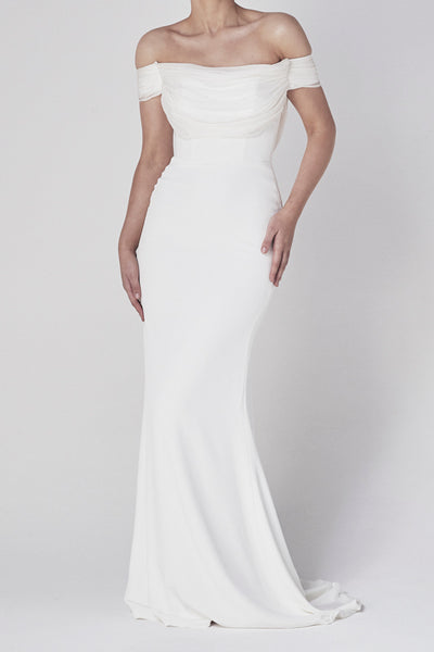 Off-the-shoulder Sheath Elegant Satin Wedding Gown With Tiers And V-back