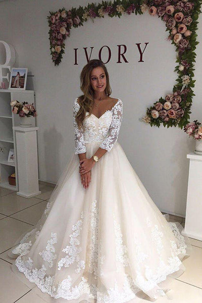 Long Sleeve Off the Shoulder V Neck A Line with Appliques Bridal Gowns