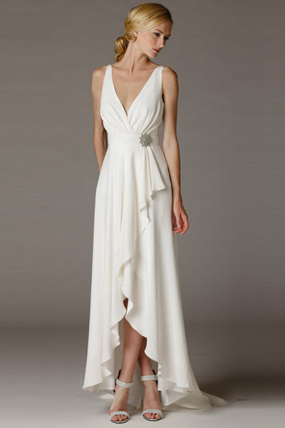 High-Low V-Neck Ruched Draped Chiffon Wedding Dress With Brush Train A – DorrisDress