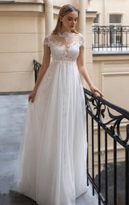 Modest A-Line High Neck Tulle Wedding Dress with Appliques and Beading