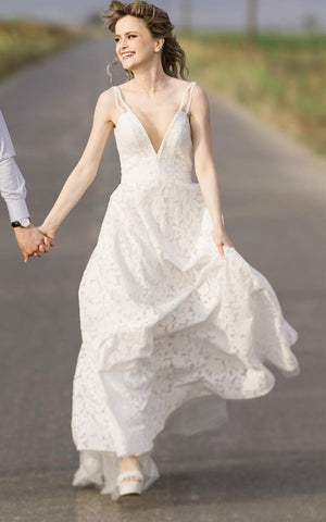 Elegant A-Line Plunging Neckline Lace Wedding Dress With Open Back