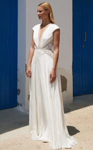 Greek A-Line Plunging Neckline Chiffon Wedding Dress With Open Back And Appliques