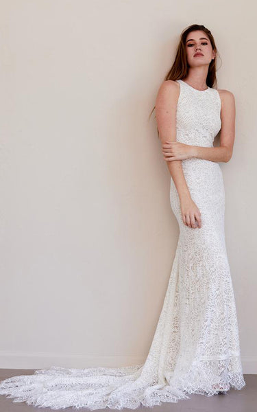 Bohemian Jewel Sheath Lace Floor-length Sleeveless Wedding Dress with Keyhole and Court Train