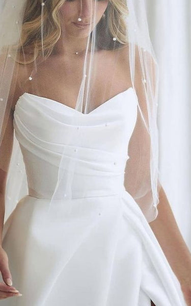 A-Line Strapless Satin Wedding Dress Simple Casual Elegant Adorable Garden With Open Back And Ruching And Split Front
