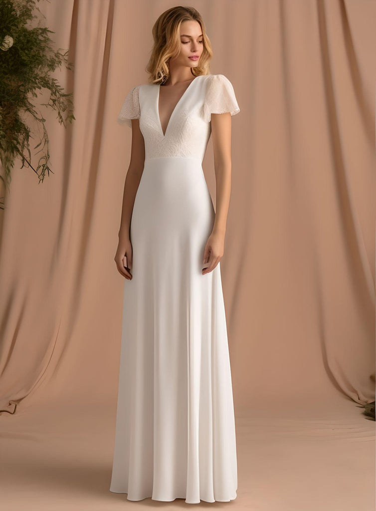 Elegant A-Line V-neck Satin Short Sleeve Wedding Dress Beach Country G