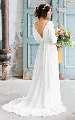 Elegant A-Line Chiffon Plunging Neckline Wedding Dress With Low-V Back And Ruching