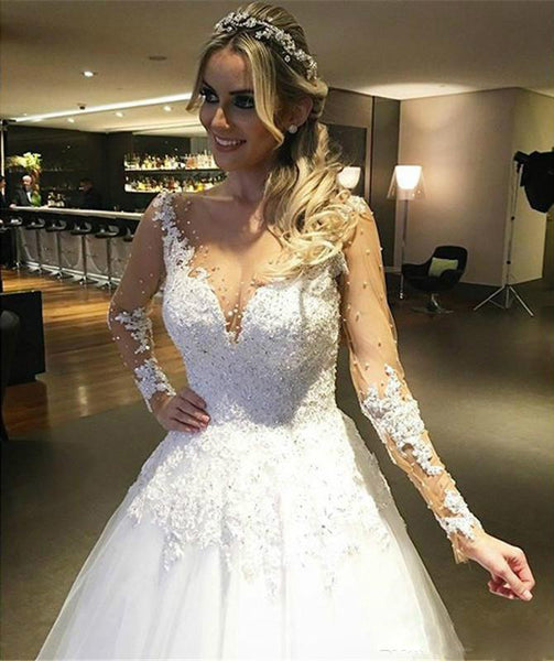 Illusion Deep V Neck Pearls Beaded Backless Sheer See Through Lace Wedding Dress