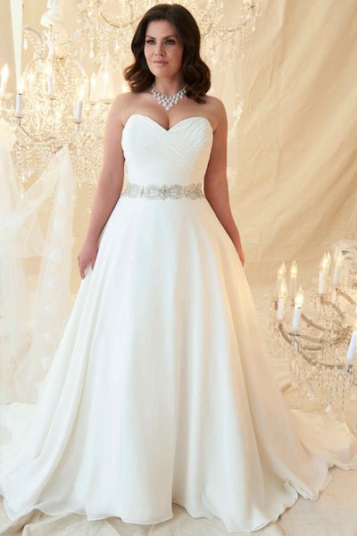 A-Line Sweetheart Jeweled Chiffon Plus Size Wedding Dress With Criss Cross And Zipper
