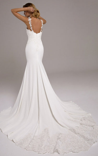 Casual Mermaid Plunging Neck Satin Court Train Wedding Dress with Appliques