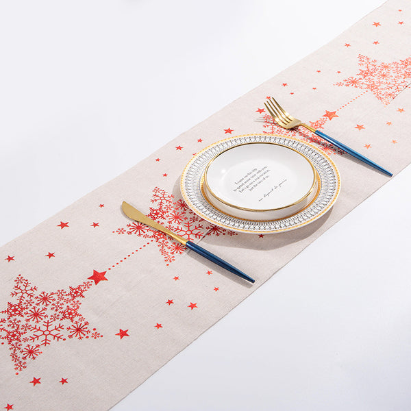 Christmas Decor Table Runner Cotton & Burlap with Snowflake and Christmas Tree Patterns for Family Dinners or Gatherings