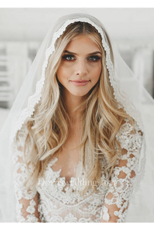 New Schiffli Lace Applique Soft Bridal Tulle Veil  DorrisDress