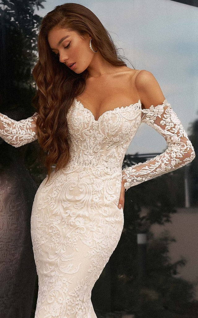 Mermaid Off-the-shoulder V-neck Lace Beach Wedding Dress With Illusion DorrisDress Mermaid Off-the-shoulder V-neck Lace Beach Wedding Dress With Illusion DorrisDress