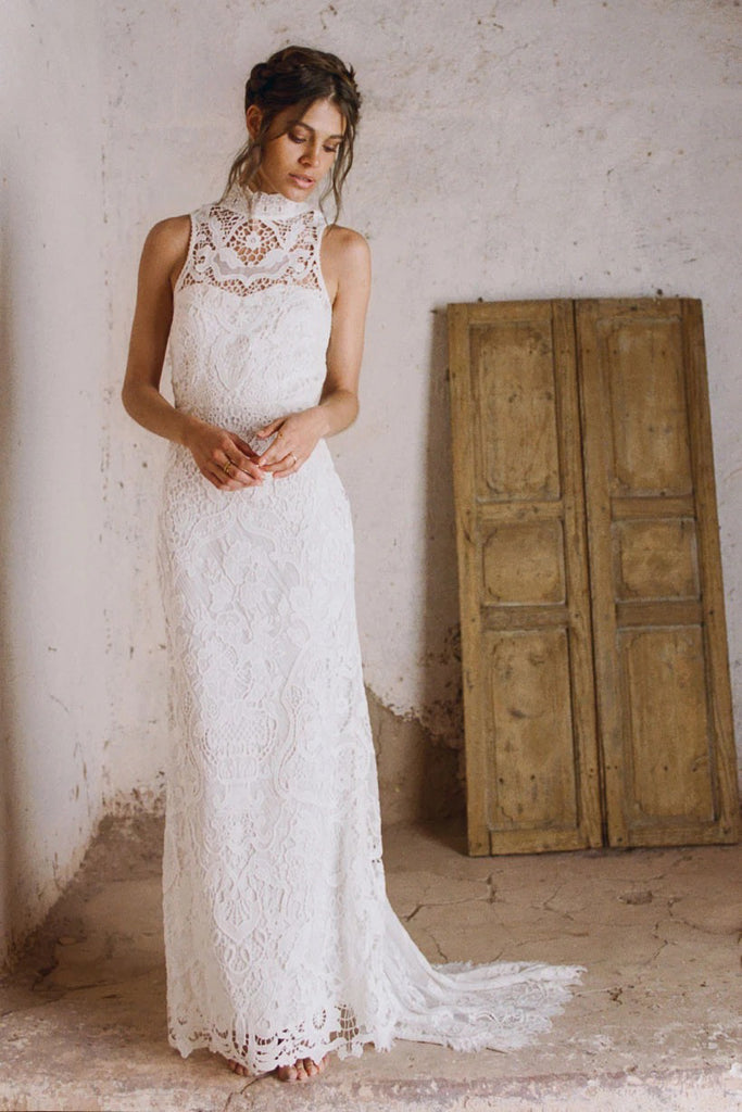 Boho Sheath Sleeveless Lace High Neck Wedding Dress with Keyhole Back- – DorrisDress