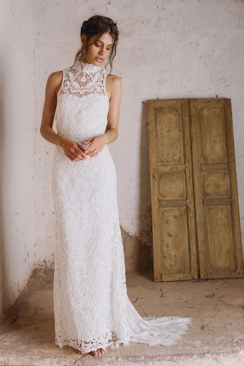 Boho Sheath Sleeveless Lace High Neck Wedding Dress with Keyhole Back- DorrisDress Boho Sheath Sleeveless Lace High Neck Wedding Dress with Keyhole Back- DorrisDress