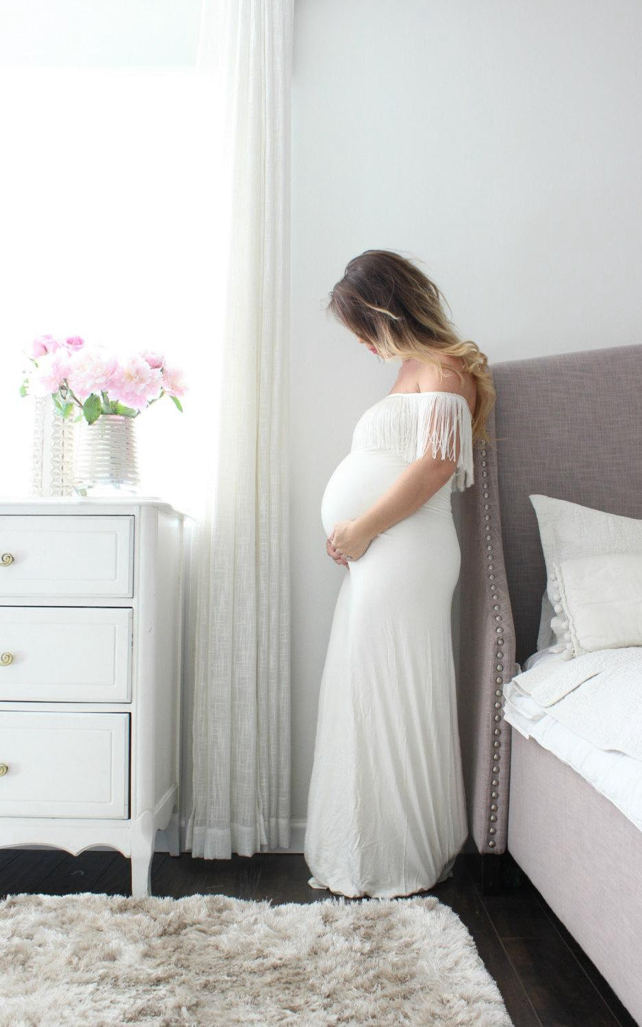 Maxi White Pregnant Fringe Gown