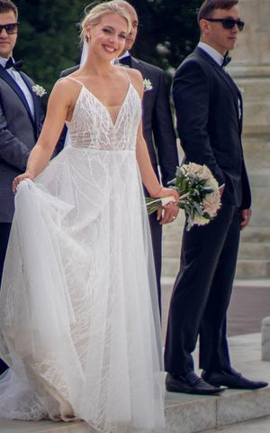 Tulle A-Line Spaghetti Bohemian Wedding Dress With Low-V Back And Sweep Train