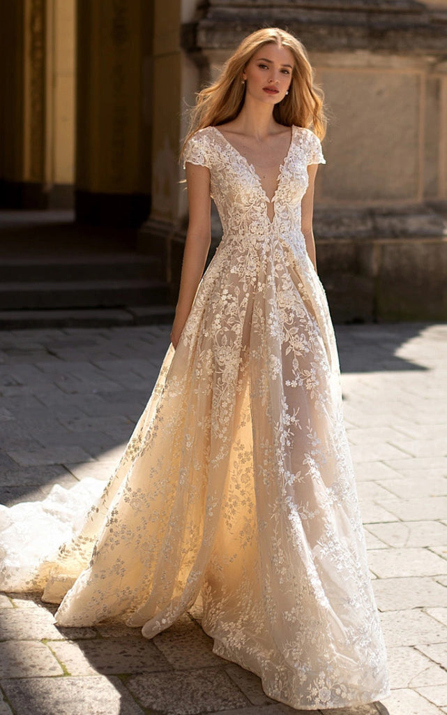 A-Line Lace Wedding Dress with Romantic Plunging Neckline and Zipper B DorrisDress A-Line Lace Wedding Dress with Romantic Plunging Neckline and Zipper B DorrisDress