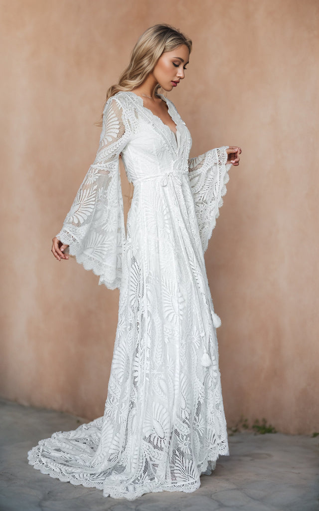 Simple Modest Casual Beach Boho Lace A-Line Wedding Dress with V-Neck DorrisDress Simple Modest Casual Beach Boho Lace A-Line Wedding Dress with V-Neck DorrisDress