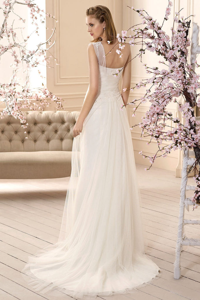 Sleeveless Long One-Shoulder Ruched Tulle Wedding Dress With Appliques DorrisDress Sleeveless Long One-Shoulder Ruched Tulle Wedding Dress With Appliques DorrisDress
