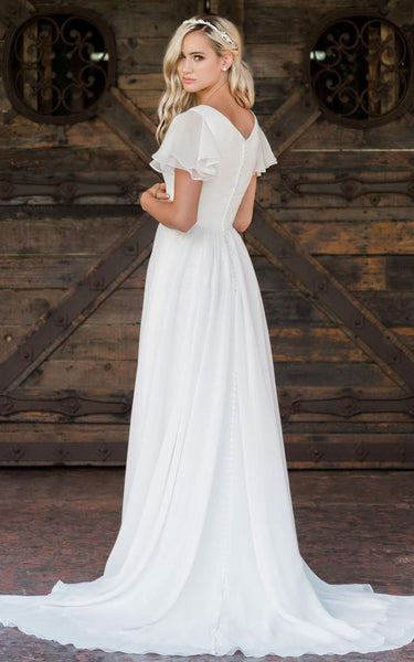A Line V-neck Chiffon Floor-length Brush Train Short Sleeve Wedding Dress with Ruffles