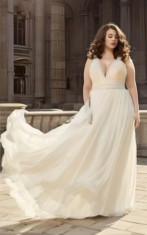 Plus Size A-Line Chiffon Lace Sleeveless Wedding Dress 2023 Simple Casual Sexy Bohemian Elegant Floor-length Sweep Train