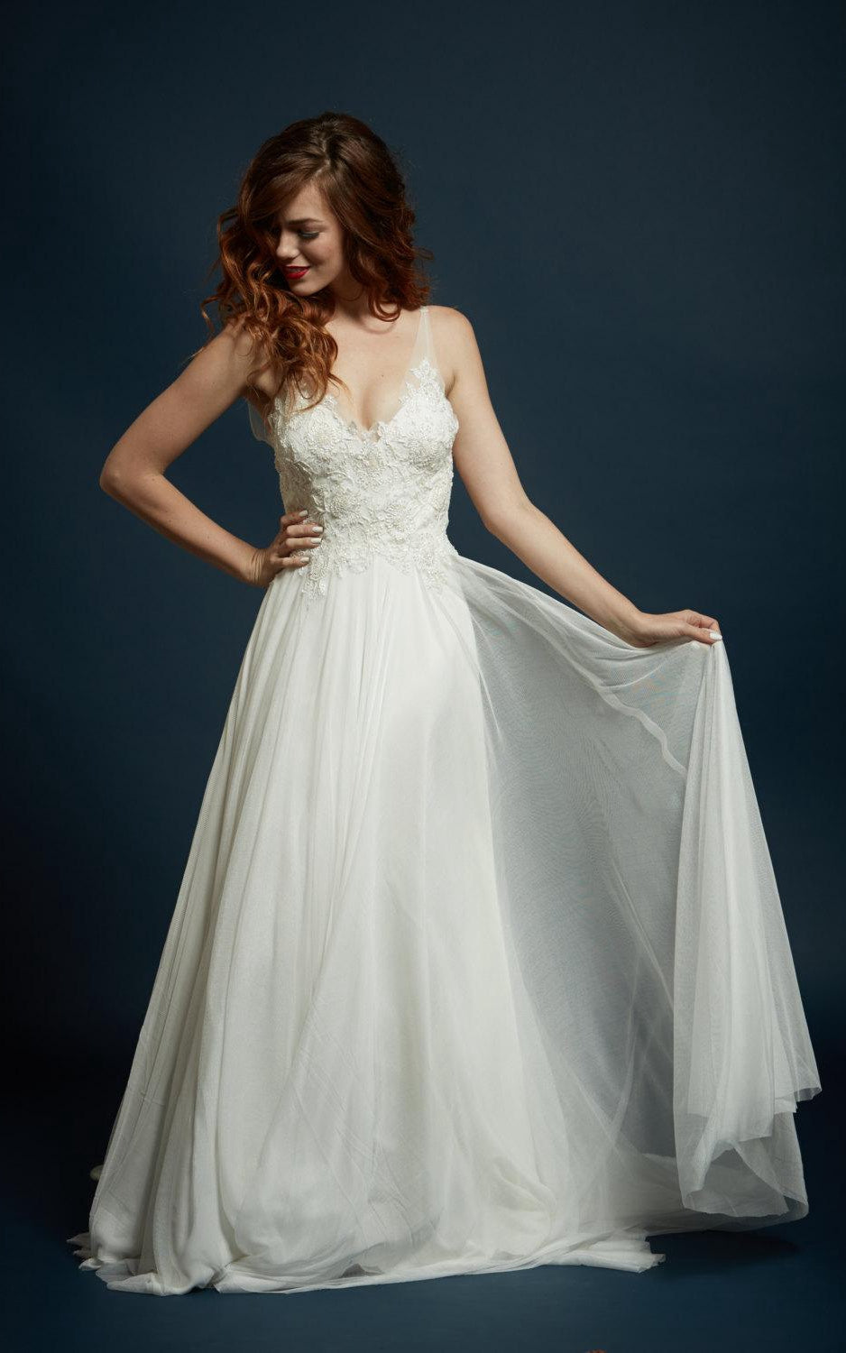 Strapped Tulle Lace Charmeuse Dress With Beading Embroideries Illusion