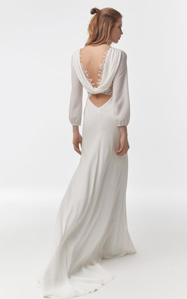 Modern Chiffon V-neck Sheath Long Sleeve Wedding Dress with Open Cowel Back and Sweep Train